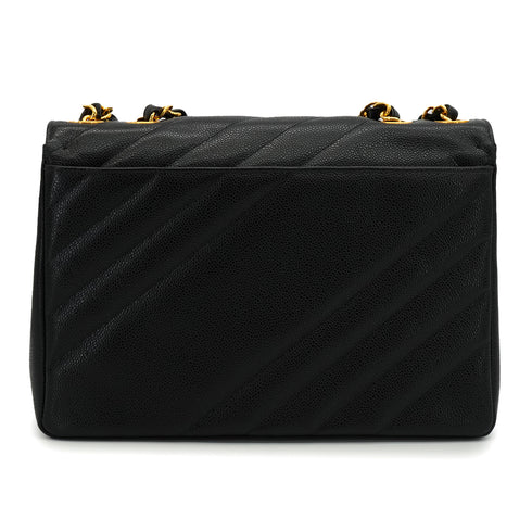 VINTAGE CHANEL BIAS STITCH CHAIN SHOULDER BAG BLACK CAVIAR SKIN GOLD HARDWARE 90342725
