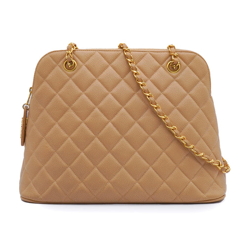 VINTAGE CHANEL MATERASSE CHAIN SHOULDER BAG BEIGE CAVIAR SKIN GOLD HARDWARE 90342731