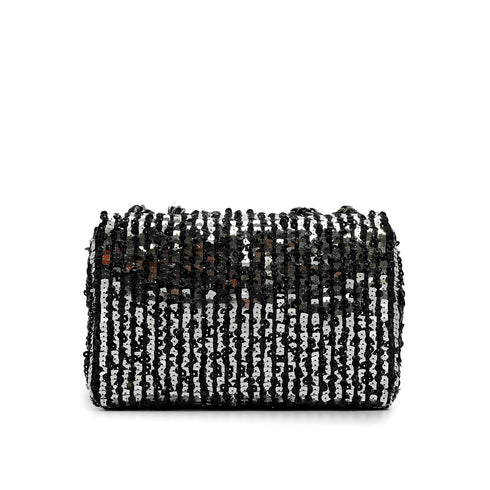 CHANEL MINI CHAIN SHOULDER BAG BLACK SILVER SEQUINS LEATHER SILVER HARDWARE 90343618