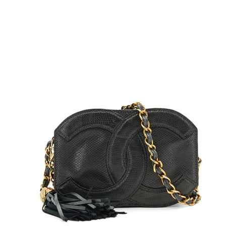VINTAGE CHANEL COCOMARK FRINGE CHAIN SHOULDER BAG METAL GRAY LIZARD GOLD HARDWARE 90343623
