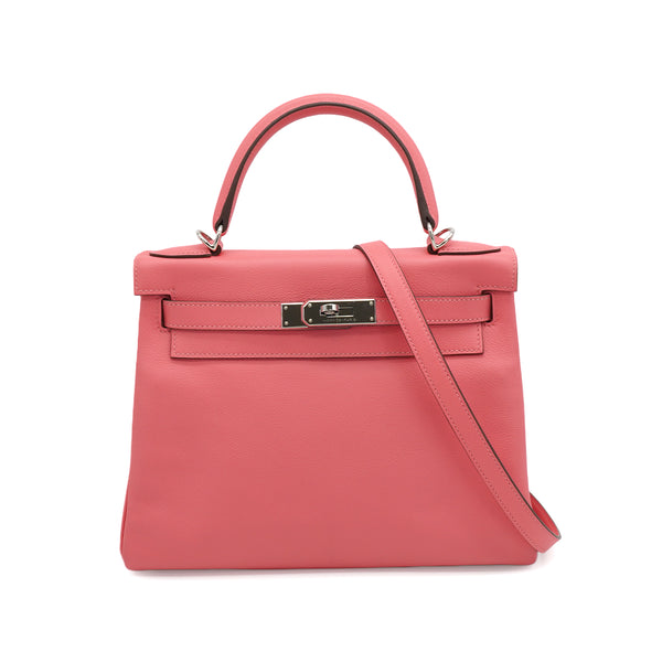 HERMES KELLY 28 RETOURNE ROSE AZALEE EVERCOLOR HAND SHOULDER BAG 2019 D STAMP PALLADIUM HARDWARE 90343847