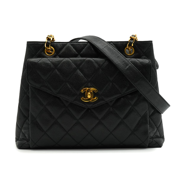 VINTAGE CHANEL CHAIN SHOULDER BAG BLACK CAVIAR SKIN GOLD HARDWARE 90343934
