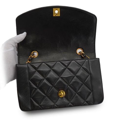 VINTAGE CHANEL DIANA SMALL CHAIN SHOULDER BAG BLACK LAMB SKIN GOLD HARDWARE 90344090