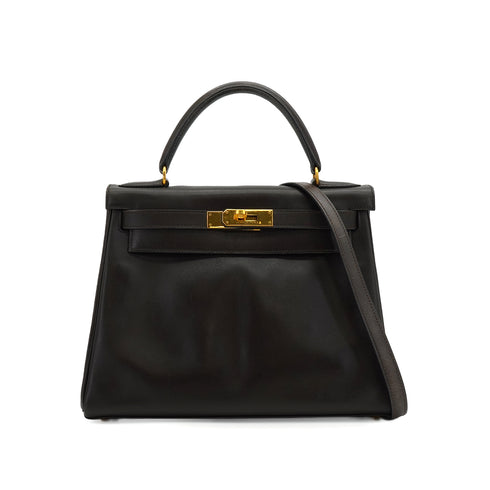 HERMES KELLY 28 RETOURNE CHOCOLAT BOXCALF HAND SHOULDER BAG 1993 CIRCLE W GOLD HARDWARE 90344349