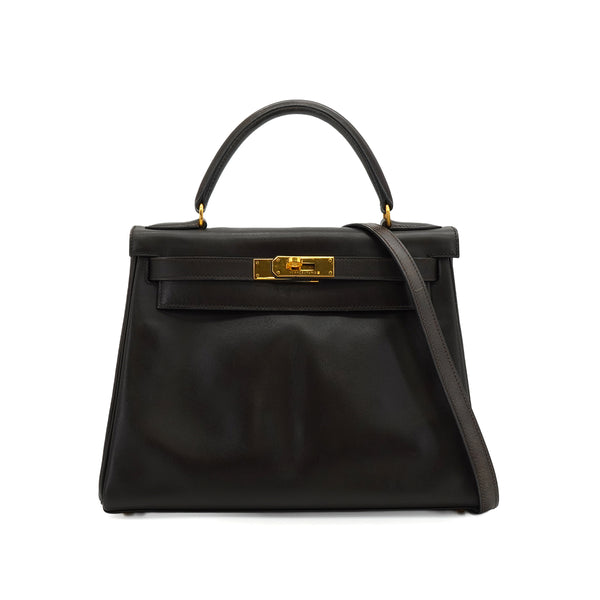 HERMES KELLY 28 RETOURNE CHOCOLAT BOXCALF HAND SHOULDER BAG 1993 CIRCLE W GOLD HARDWARE 90344349