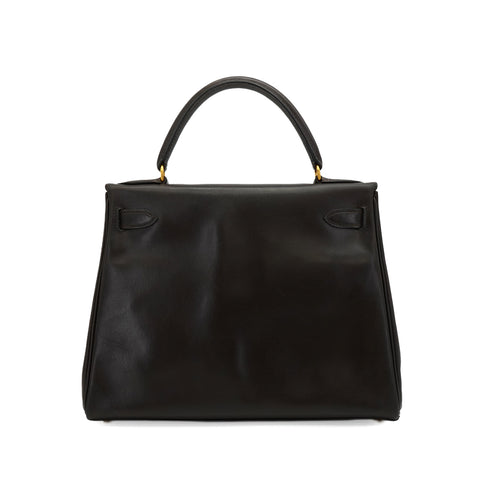 HERMES KELLY 28 RETOURNE CHOCOLAT BOXCALF HAND SHOULDER BAG 1993 CIRCLE W GOLD HARDWARE 90344349