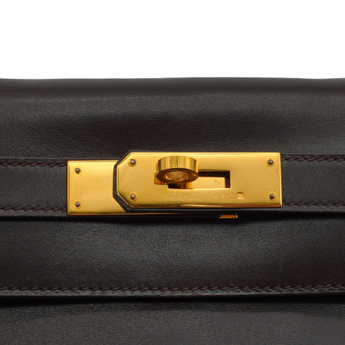 HERMES KELLY 28 RETOURNE CHOCOLAT BOXCALF HAND SHOULDER BAG 1993 CIRCLE W GOLD HARDWARE 90344349