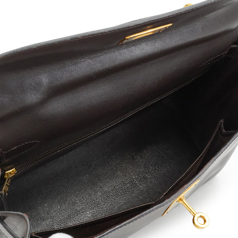 HERMES KELLY 28 RETOURNE CHOCOLAT BOXCALF HAND SHOULDER BAG 1993 CIRCLE W GOLD HARDWARE 90344349