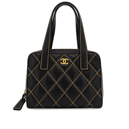 VINTAGE CHANEL WILD STITCH HAND BAG BLACK LEATHER GOLD HARDWARE 90344365