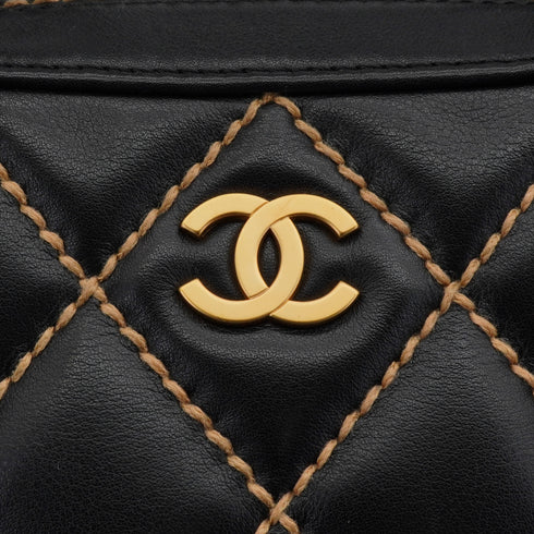 VINTAGE CHANEL WILD STITCH HAND BAG BLACK LEATHER GOLD HARDWARE 90344365