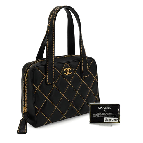 VINTAGE CHANEL WILD STITCH HAND BAG BLACK LEATHER GOLD HARDWARE 90344365
