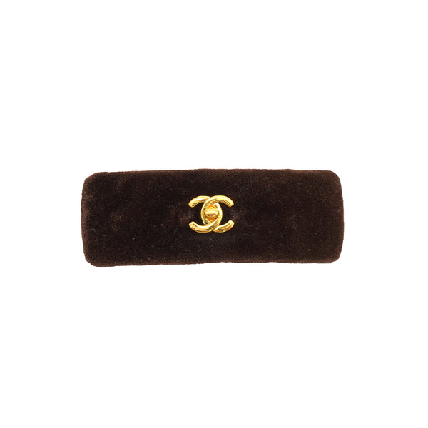 VINTAGE CHANEL TURN LOCK VALLETTA GOLD BROWN VELOR HAIR ACCESSORY 90344399