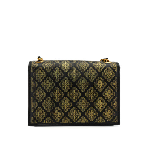 CHANEL CAMELLIA PATTERN METALLIC PRINT TURNLOCK CHAIN SHOULDER BAG BLACK LEATHER GOLD HARDWARE 90344459