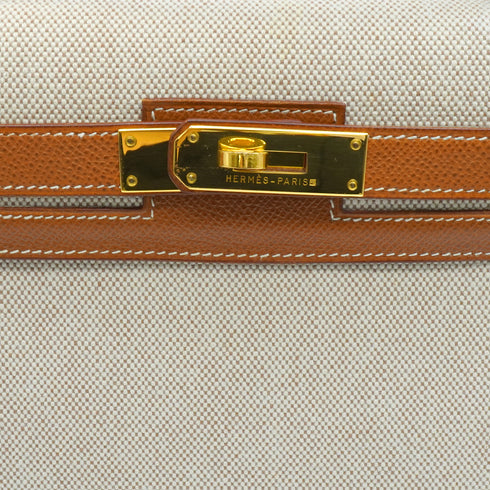 HERMES KELLY 28 SELLIER GOLD TOILE H COUCHEVEL HAND SHOULDER BAG 1994 CIRCLE X GOLD HARDWARE 90344568