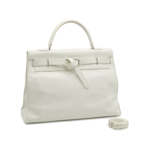 HERMES KELLY FLAT 35 WHITE VEAU SWIFT HAND SHOULDER BAG 2007 SQUARE K STAMP PALLADIUM HARDWARE 90345061