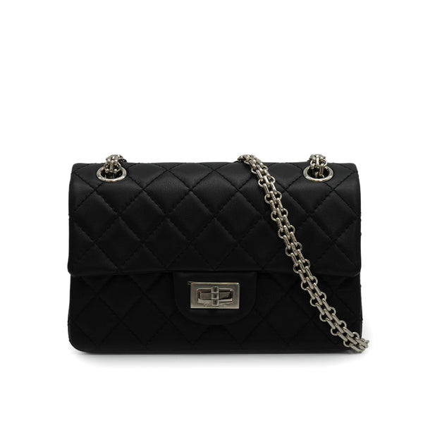 CHANEL MATERASSE 2.55 CHAIN SHOULDER BAG BLACK LEATHER SILVER HARDWARE 90345070