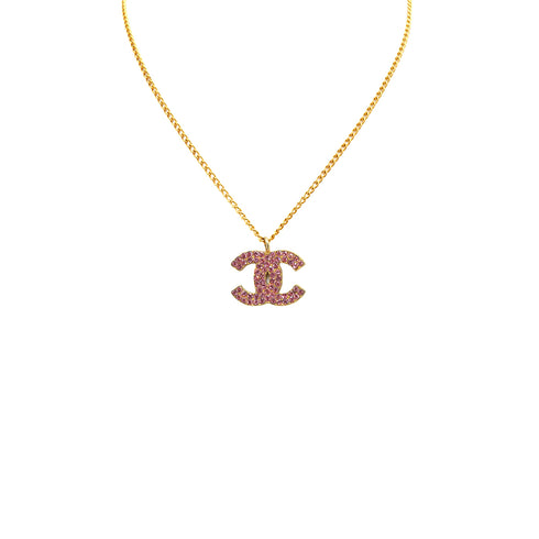 VINTAGE CHANEL COCOMARK PINK RHINESTONE NECKLACE GOLD ACCESSORY 00A 90345094