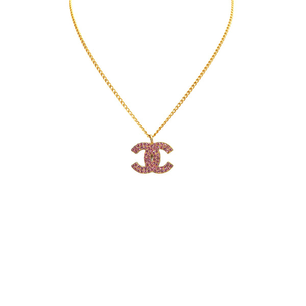 VINTAGE CHANEL COCOMARK PINK RHINESTONE NECKLACE GOLD ACCESSORY 00A 90345094