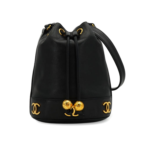 VINTAGE CHANEL TRIPLE COCO DRAWSTRING CHAIN SHOULDER BAG BLACK LAMB SKIN GOLD HARDWARE 90349270