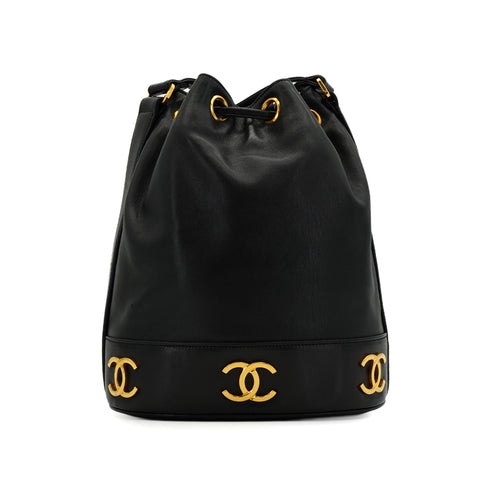 VINTAGE CHANEL TRIPLE COCO DRAWSTRING CHAIN SHOULDER BAG BLACK LAMB SKIN GOLD HARDWARE 90349270