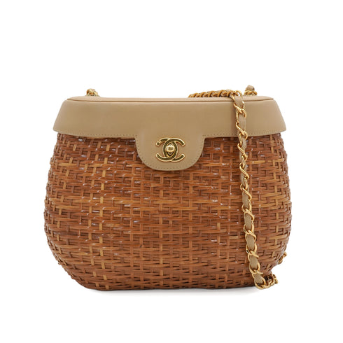 VINTAGE CHANEL COCOMARK WICKER BASKET CHAIN SHOULDER BAG BEIGE STRAW LEATHER GOLD HARDWARE 90349381
