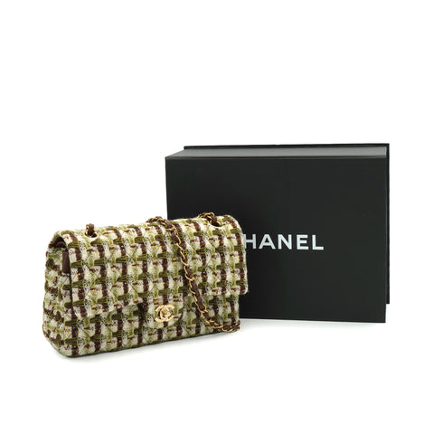 CHANEL CLASSIC FLAP MEDIUM CHAIN SHOULDER BAG BROWN GREEN TWEED GOLD HARDWARE 90350598