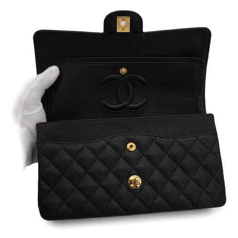 CHANEL CLASSIC FLAP MEDIUM CHAIN SHOULDER BAG BLACK CAVIR SKIN GOLD HARDWARE 90344385