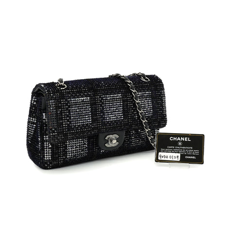 CHANEL CLASSIC FLAP MEDIUM CHAIN SHOULDER BAG BLACK SILVER SEQUINS LEATHER SILVER HARDWARE 90340129