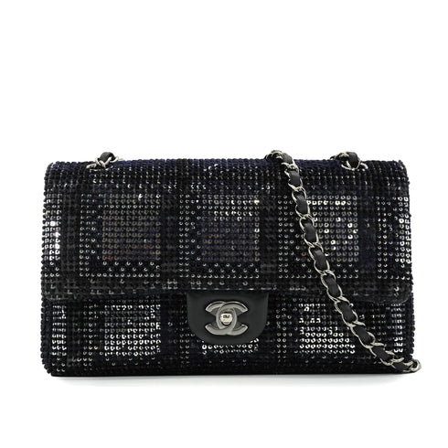 CHANEL CLASSIC FLAP MEDIUM CHAIN SHOULDER BAG BLACK SILVER SEQUINS LEATHER SILVER HARDWARE 90340129