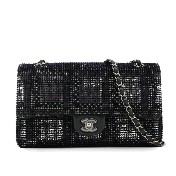 CHANEL CLASSIC FLAP MEDIUM CHAIN SHOULDER BAG BLACK SILVER SEQUINS LEATHER SILVER HARDWARE 90340129