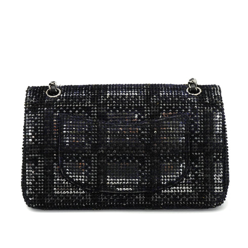 CHANEL CLASSIC FLAP MEDIUM CHAIN SHOULDER BAG BLACK SILVER SEQUINS LEATHER SILVER HARDWARE 90340129