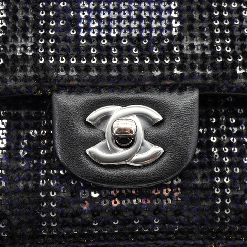 CHANEL CLASSIC FLAP MEDIUM CHAIN SHOULDER BAG BLACK SILVER SEQUINS LEATHER SILVER HARDWARE 90340129