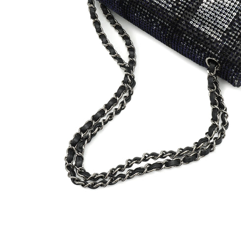 CHANEL CLASSIC FLAP MEDIUM CHAIN SHOULDER BAG BLACK SILVER SEQUINS LEATHER SILVER HARDWARE 90340129