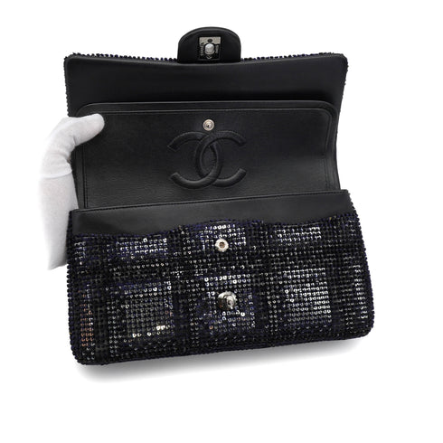 CHANEL CLASSIC FLAP MEDIUM CHAIN SHOULDER BAG BLACK SILVER SEQUINS LEATHER SILVER HARDWARE 90340129