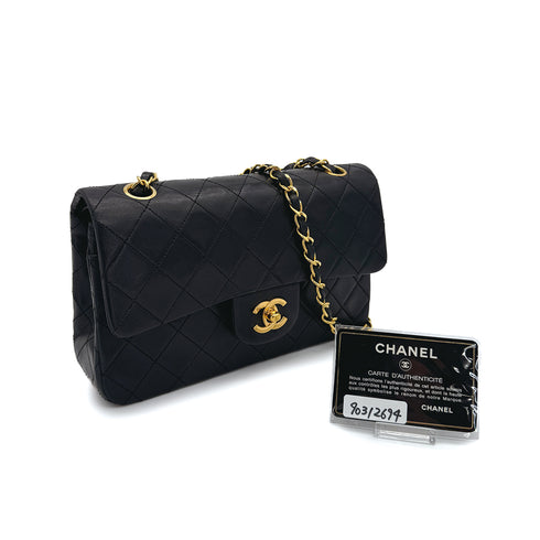 CHANEL CLASSIC FLAP SMALL CHAIN SHOULDER BAG BLACK LAMB SKIN GOLD HARDWARE 90312694
