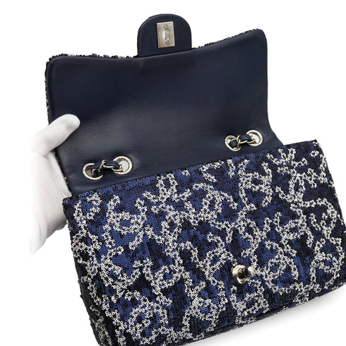 CHANEL COCOMARK CHAIN SHOULDER BAG NAVY WHITE SEQUINS LEATHER SILVER HARDWARE 90334159