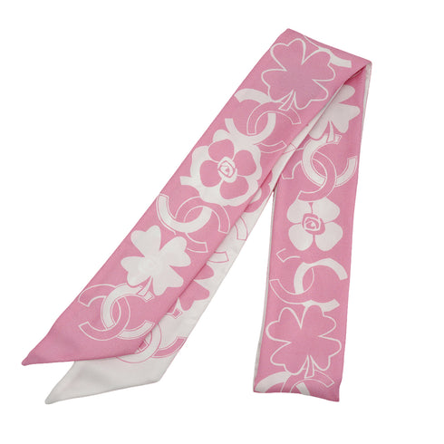 CHANEL CAMELLIA PATTERN SCARF HAIR BAND PINK WHITE SILK ACCESSORY 90339429