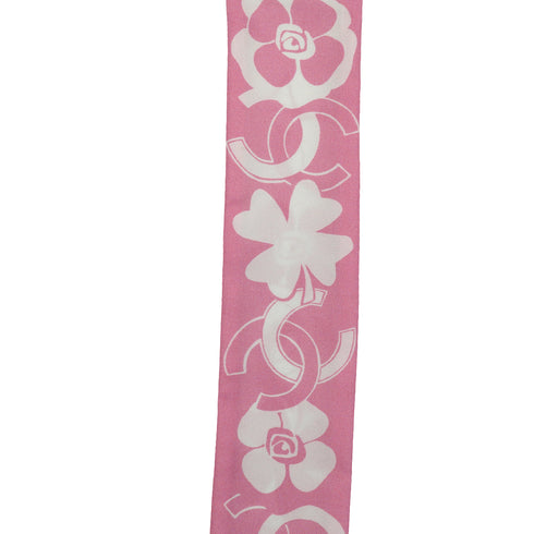 CHANEL CAMELLIA PATTERN SCARF HAIR BAND PINK WHITE SILK ACCESSORY 90339429