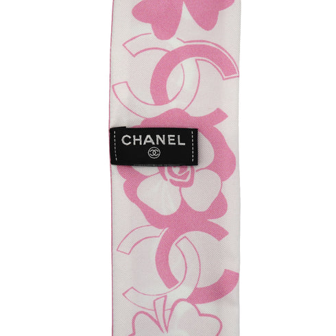 CHANEL CAMELLIA PATTERN SCARF HAIR BAND PINK WHITE SILK ACCESSORY 90339429