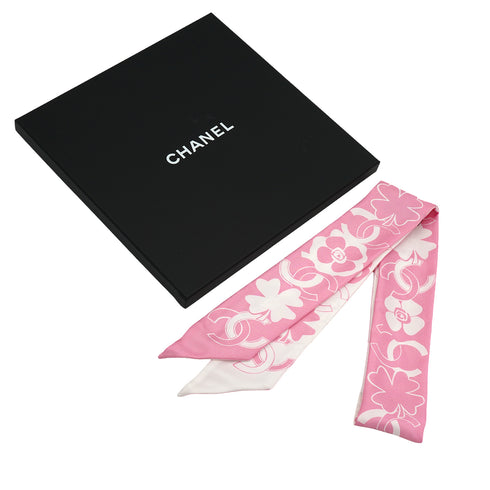 CHANEL CAMELLIA PATTERN SCARF HAIR BAND PINK WHITE SILK ACCESSORY 90339429