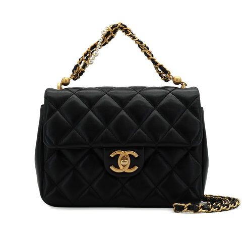 CHANEL MINI MATELASSE CHAIN SHOULDER BAG FAUX PEARL BLACK LAMB SKIN GOLD HARDWARE 90340178