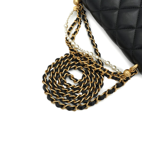 CHANEL MINI MATELASSE CHAIN SHOULDER BAG FAUX PEARL BLACK LAMB SKIN GOLD HARDWARE 90340178