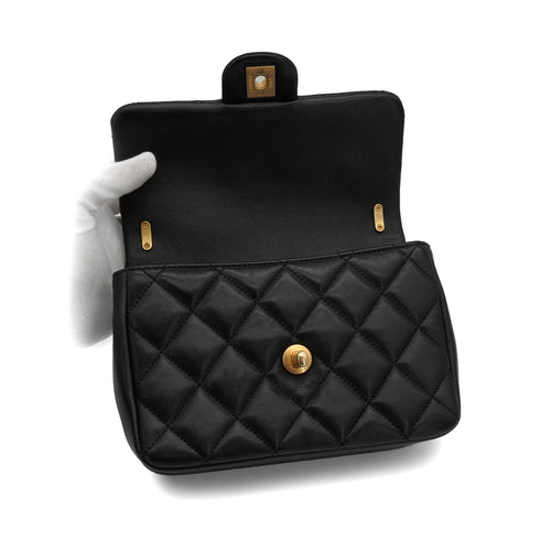 CHANEL MINI MATELASSE CHAIN SHOULDER BAG FAUX PEARL BLACK LAMB SKIN GOLD HARDWARE 90340178