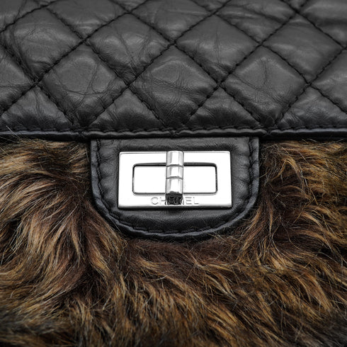 CHANEL 2.55 FAUX FUR CHAIN HAND SHOULDER BAG BLACK LEATHER SILVER HARDWARE 90328471