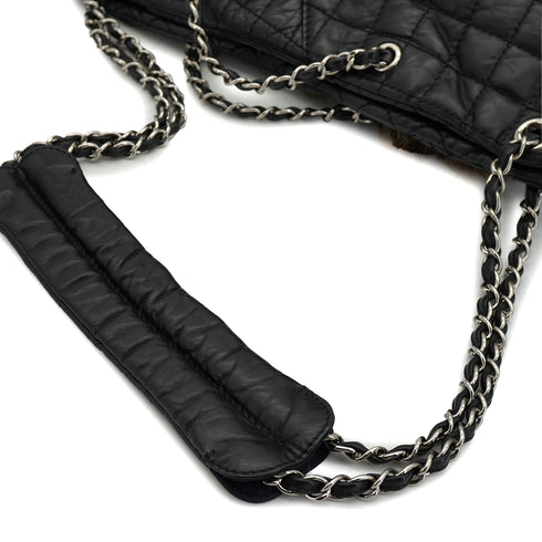 CHANEL 2.55 FAUX FUR CHAIN HAND SHOULDER BAG BLACK LEATHER SILVER HARDWARE 90328471