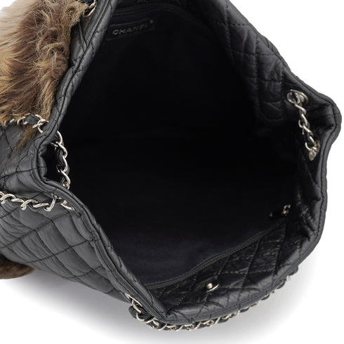 CHANEL 2.55 FAUX FUR CHAIN HAND SHOULDER BAG BLACK LEATHER SILVER HARDWARE 90328471