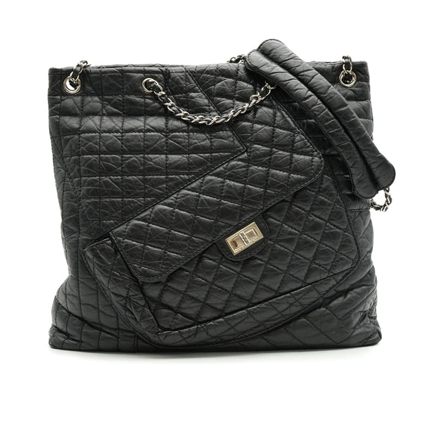 CHANEL 2.55 GIRDLE CABAS TOTE BAG LEATHER SILVER HARDWARE 90337656