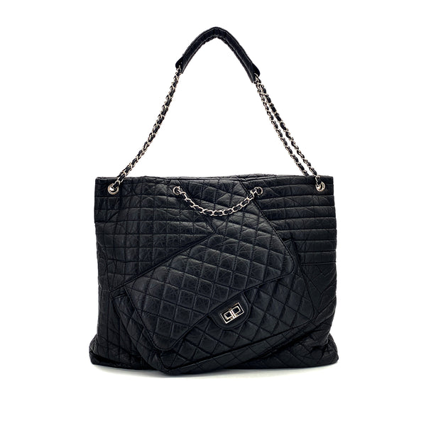 CHANEL 2.55 MATELASSE CHAIN HAND SHOULDER BAG BLACK LEATHER SILVER HARDWARE 90322777