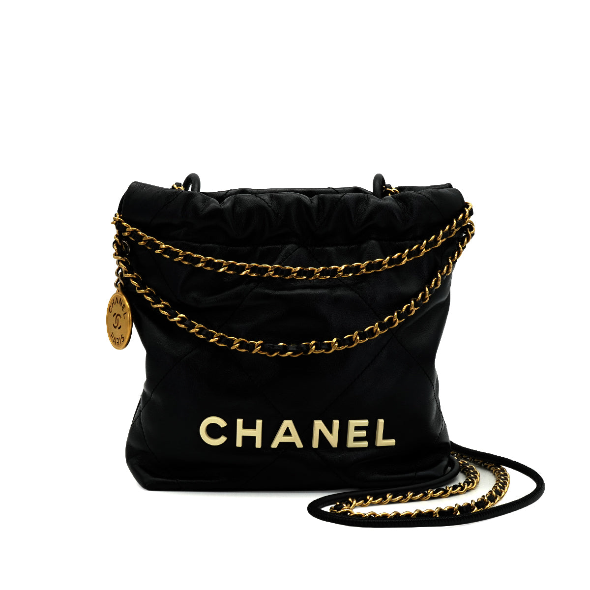 CHANEL 22 MINI CHAIN SHOULDER BAG BLACK LAMB SKIN GOLD HARDWARE