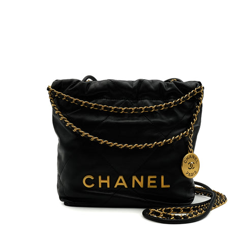 CHANEL 22 MINI CHAIN SHOULDER BAG BLACK LAMB SKIN GOLD GOLD HARDWARE 90337665